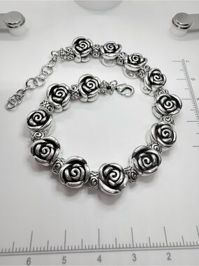 Vintage Silver Tone Oxidized Rose Flower Link Statement Bracelet